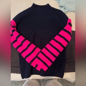 LOFT Blue Sweater with Pink Striped Sleeves